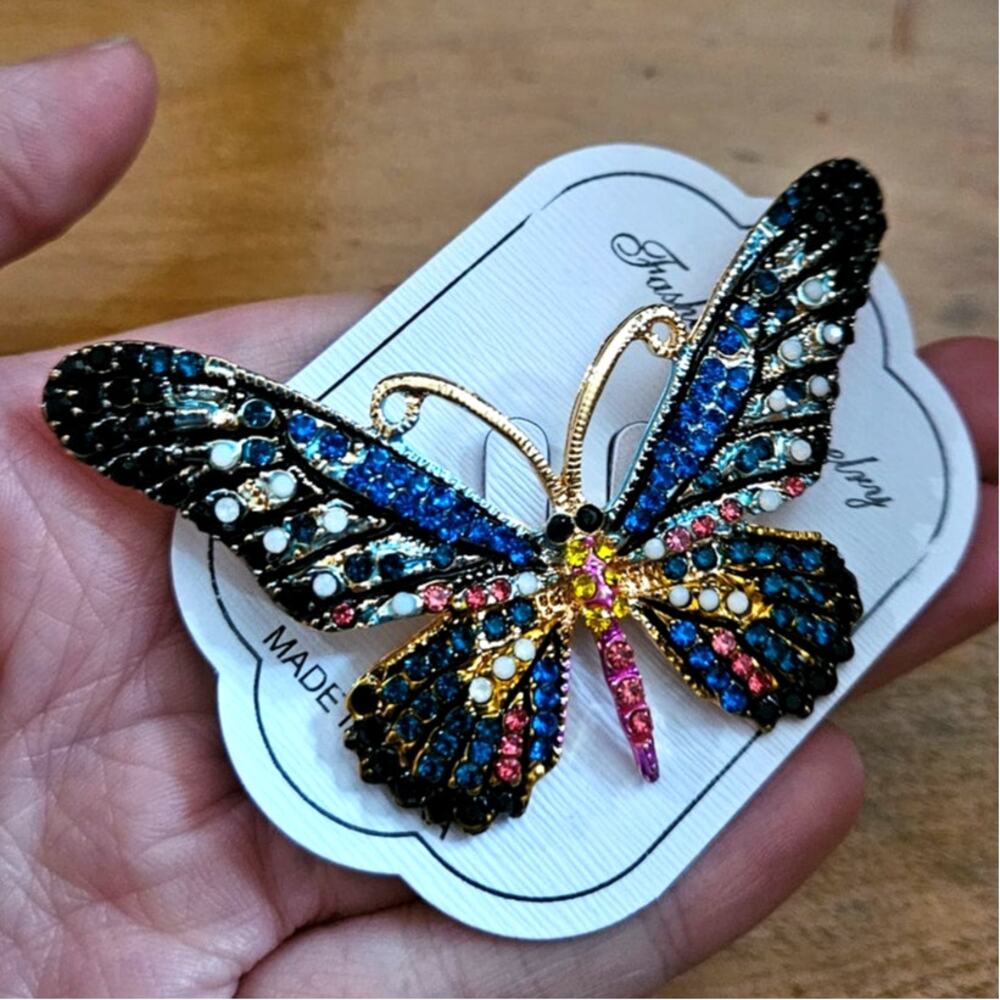 Gorgeous Blue & Multi-Colored Rhinestone Inlaid Butterfly Mixed Metal Brooch